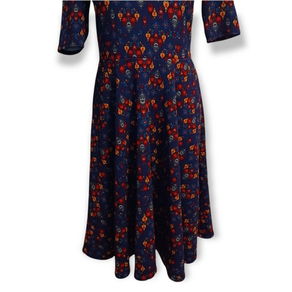 LuLaRoe Nicole Navy Design Print Dress Red Aqua Turquoise Yellow Size Large - Picture 3 of 6